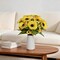 Spring Tabletop Decor – Artificial Sunflower Table Centerpiece with 6" White Ceramic Vase, 13" Faux Sunflower Arrangement with Small Daisies & Eucalyptus Leaves for Dining Table, Coffee Table & Farmhouse Home Décor